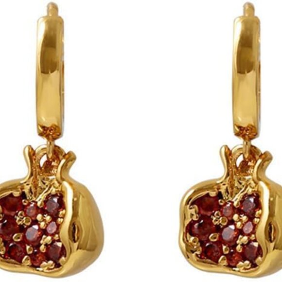 Elegant Red Pomegranate Pendant Hoop Earrings with Cubic Zirconia in 18k Gold Ov - Picture 1 of 4